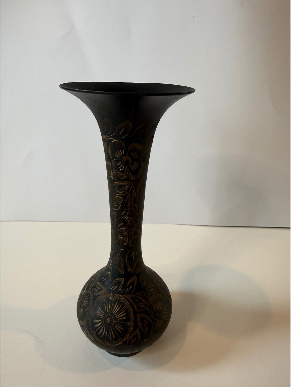 Vintage Indian Black Brass Vase Engraved Floral Etched 7.25β Boho Decor
